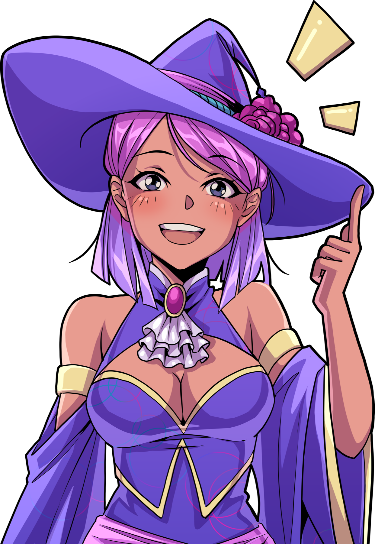 Aimee, a pink-haired archivist in a purple witch hat